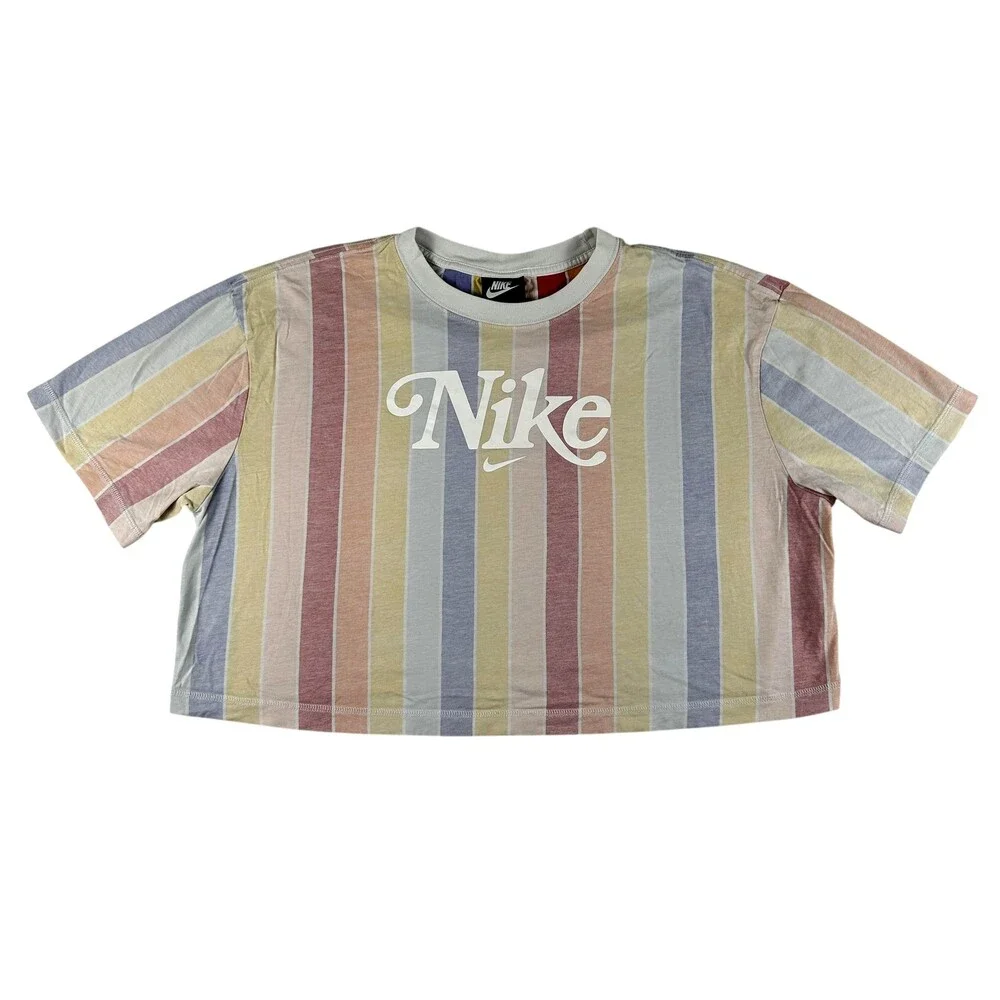 Nike Shirt Womens 1X Pastel Rainbow Stripe Cropped Logo Tee T-Shirt Crew Neck